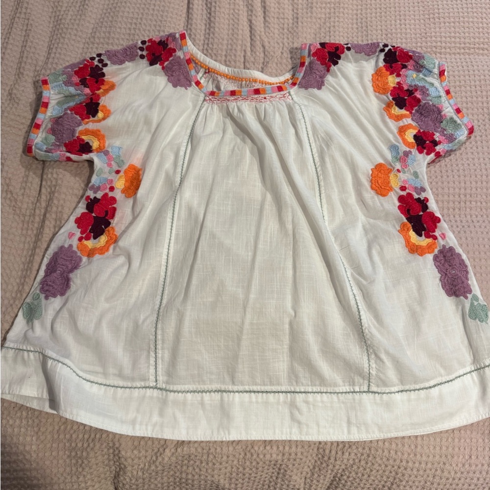 Anthropologie White Blouse with Multicolor Floral Embroidery
